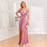 Robe de soirée longue fendue à volants et lacets sur le devant, épaules dénudées, robe de soirée de demoiselle d'honneur en velours